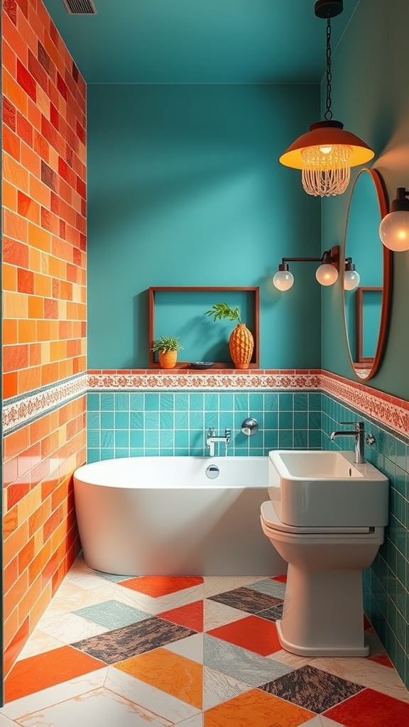A modern bathroom featuring turquoise walls, orange and red tiles, and a stylish bathtub.