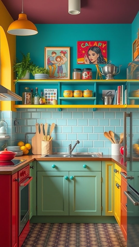 A colorful kitchen featuring teal walls, yellow cabinets, and a red stove, decorated with artwork and open shelving.