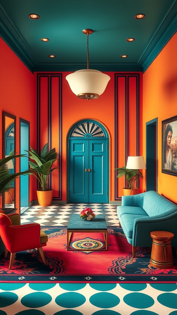 A vibrant Art Deco inspired room featuring orange walls, teal accents, and colorful furniture.