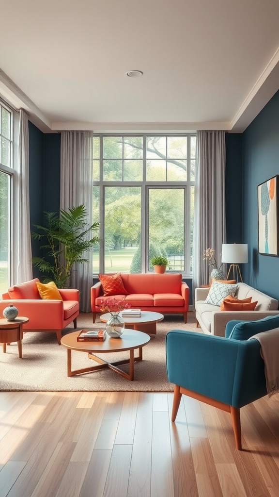 A mid-century modern living room featuring coral sofas, a blue accent chair, and large windows with natural light.