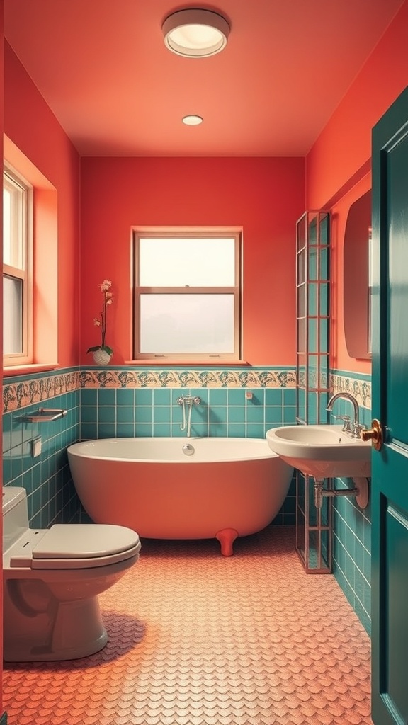 A mid-century modern bathroom featuring coral walls, turquoise tiles, and a stylish oval bathtub.
