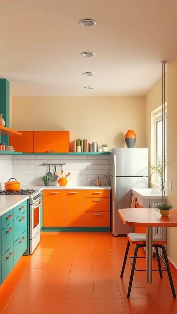 A mid-century modern kitchen featuring bold orange and teal colors with sleek appliances and minimalistic design.