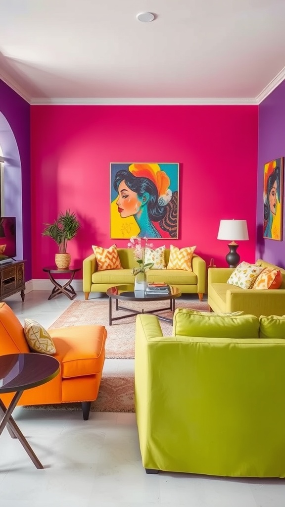 A vibrant living room with pink walls, green sofas, and an orange accent chair, featuring colorful cushions and a striking portrait.