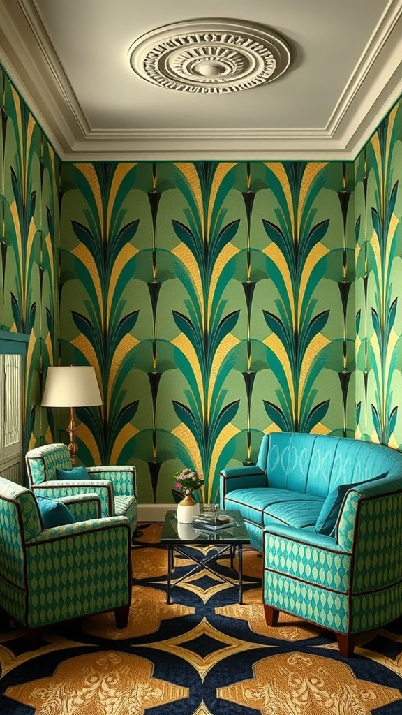 A stylish room with Art Deco design featuring bold geometric patterns in wallpaper and furniture.