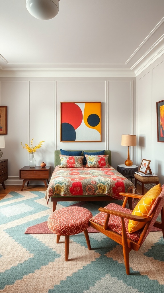 A mid-century modern bedroom featuring bold geometric patterns in textiles, including a colorful quilt and a patterned rug.