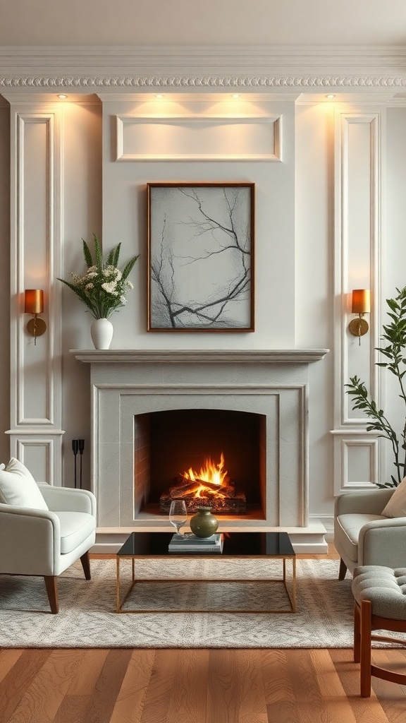 A cozy living room featuring a stylish fireplace, elegant chairs, and a decorative coffee table.