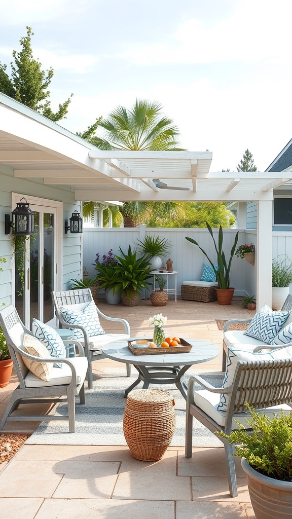 A cozy outdoor patio with comfortable seating, potted plants, and a round table.
