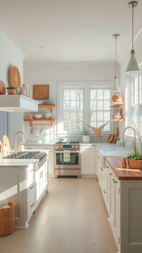 A bright and airy coastal inspired kitchen with white cabinetry, wooden accents, and large windows.