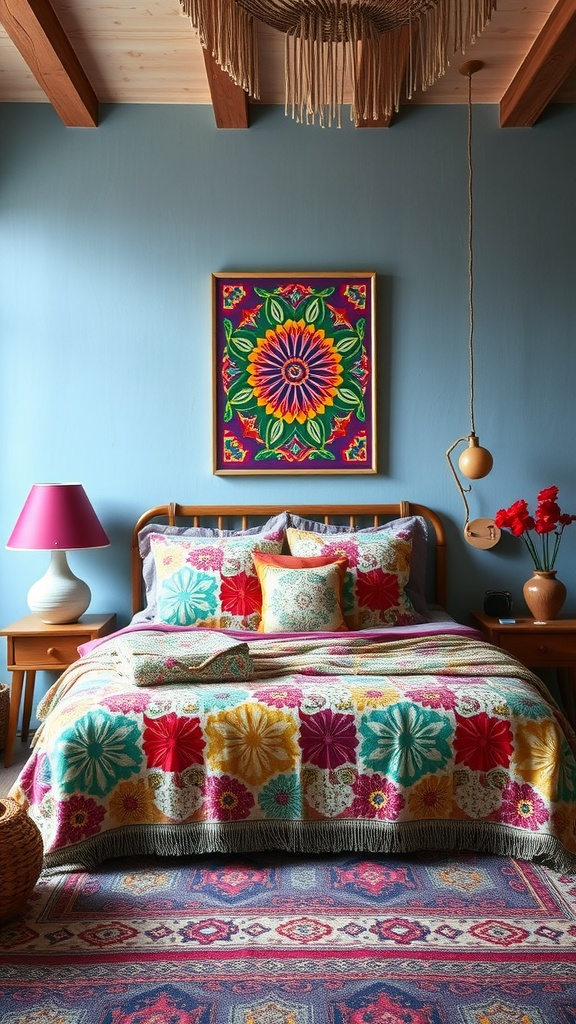 A vibrant boho bedroom featuring colorful bedding, floral patterns, and a soft blue wall.