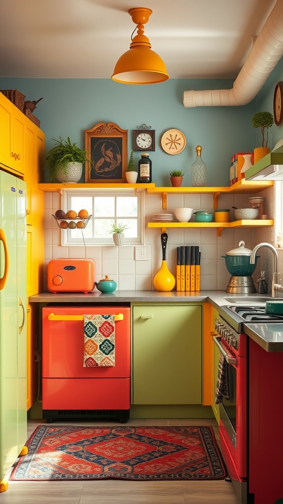 A colorful boho kitchen featuring a yellow fridge, red stove, and green cabinets, with decorative items and a patterned rug.