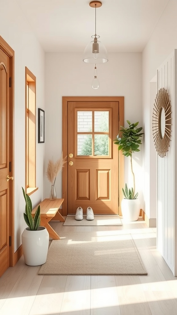 A calm and inviting entryway featuring a wooden door, plants, and soft lighting.