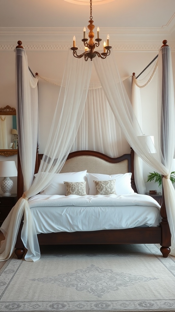 A cozy bedroom featuring a canopy bed with sheer drapes and a chandelier.