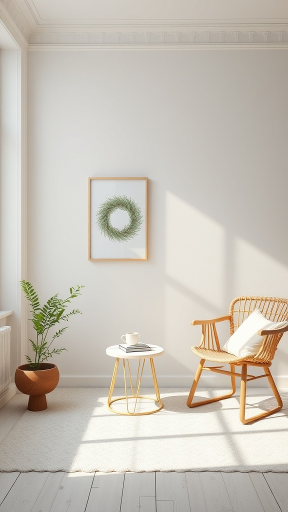 A cozy Scandinavian-inspired room with a woven chair, a small table, and a plant, featuring soft lighting and minimal decor.