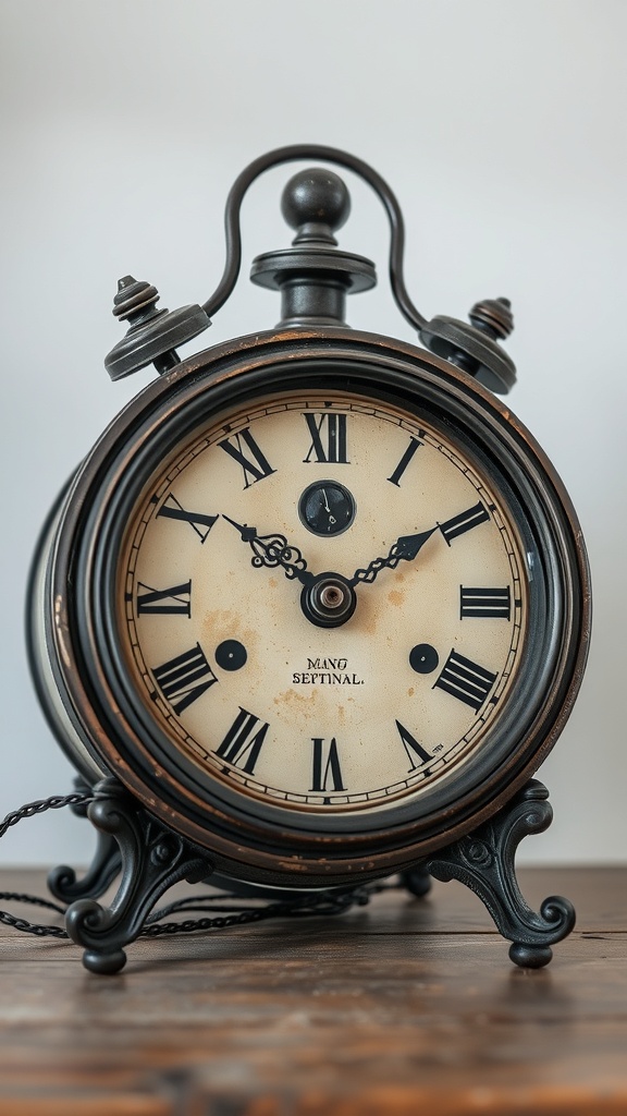 A vintage clock with Roman numerals and a worn face, symbolizing the passage of time.