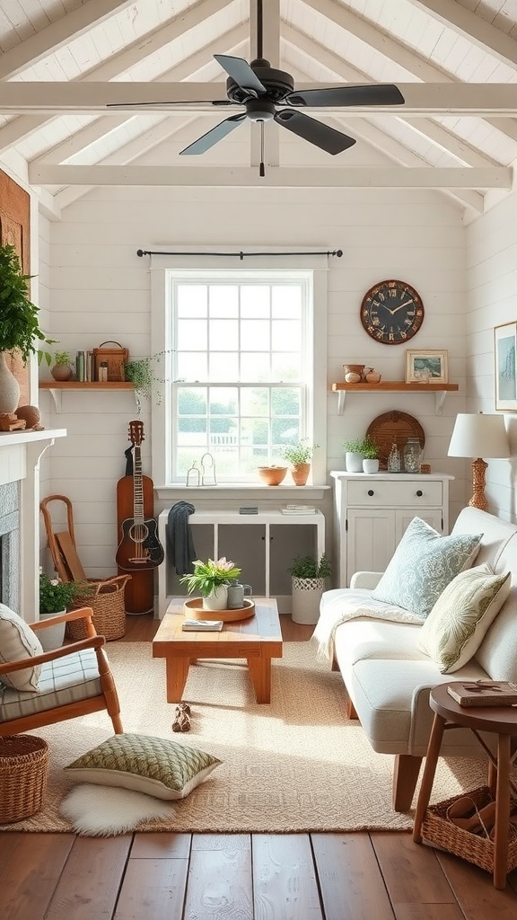 Cozy cottage-style living room with exposed beams, a comfortable sofa, wooden furniture, and plants.
