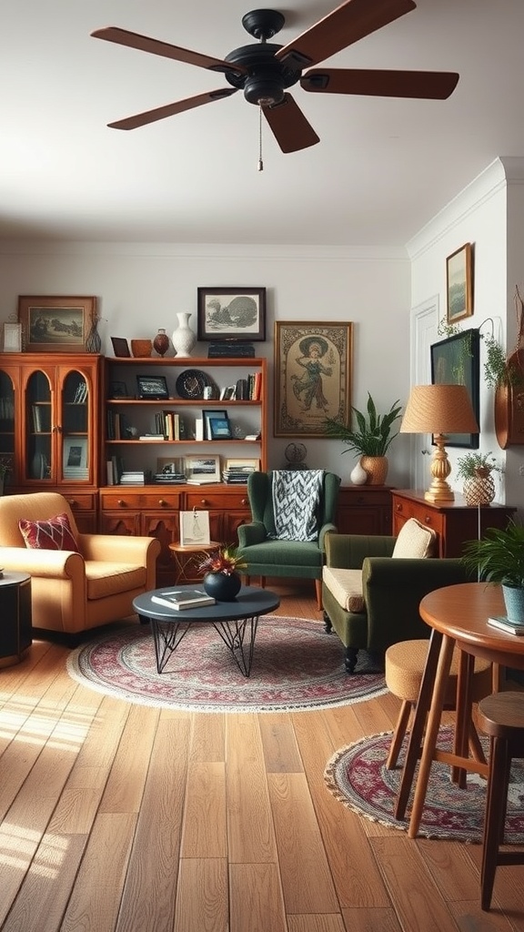 A cozy vintage living room with an orange armchair, green sofa, wooden furniture, and bookshelves.