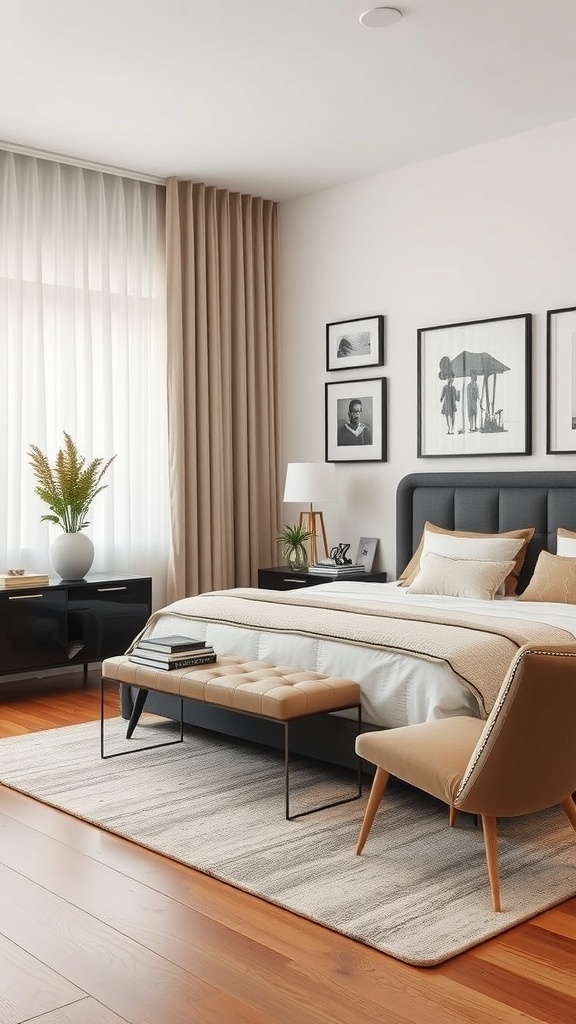 A modern luxury bedroom featuring chic accent furniture, including a stylish chair and a sleek bench.