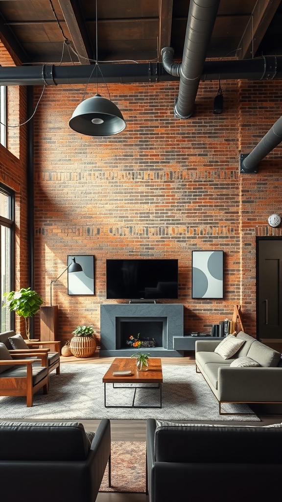 A chic industrial style living room featuring exposed brick walls, modern furniture, and stylish lighting.