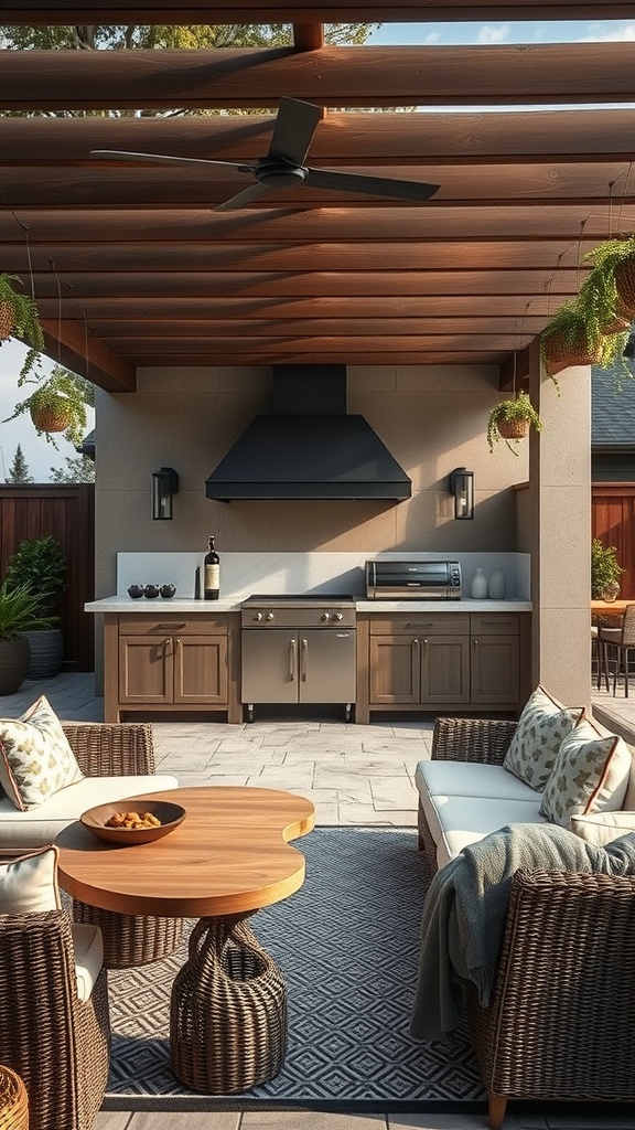 Chic outdoor lounge and kitchen combo with cozy seating and modern kitchen appliances.