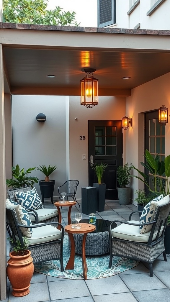 Stylish outdoor patio with comfortable seating, plants, and warm lighting.