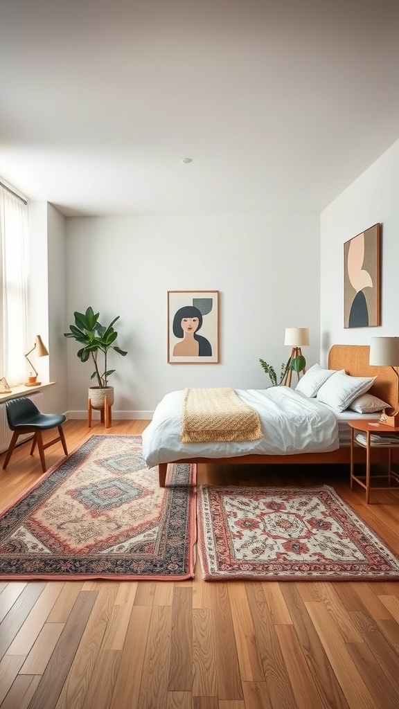 A stylish mid-century modern bedroom featuring two chic rugs, a wooden bed, and modern decor.