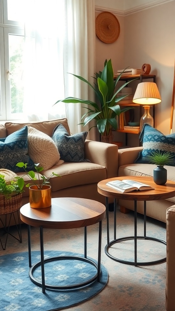A cozy living room featuring chic side tables with wooden tops and metal bases, surrounded by comfortable sofas and plants.