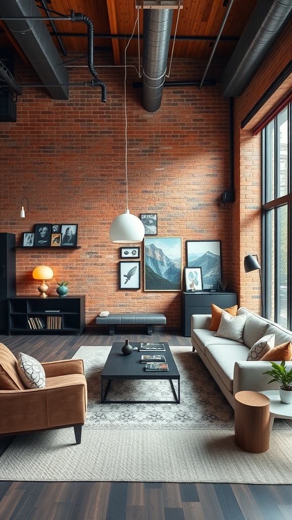 Chic urban loft living room featuring exposed brick walls, modern furniture, and large windows.