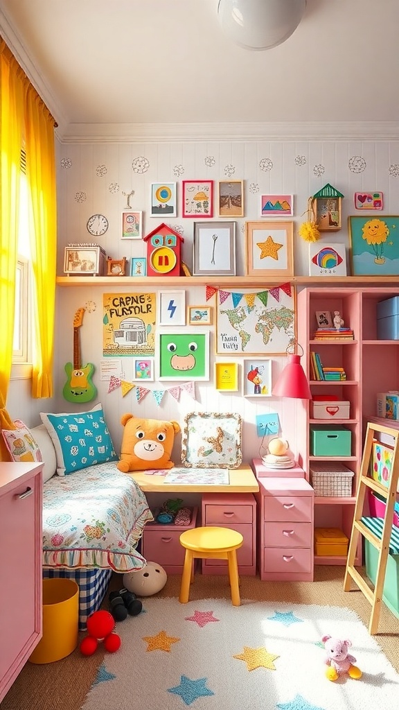A vibrant child's bedroom featuring colorful decor, playful artwork, and cozy furniture.