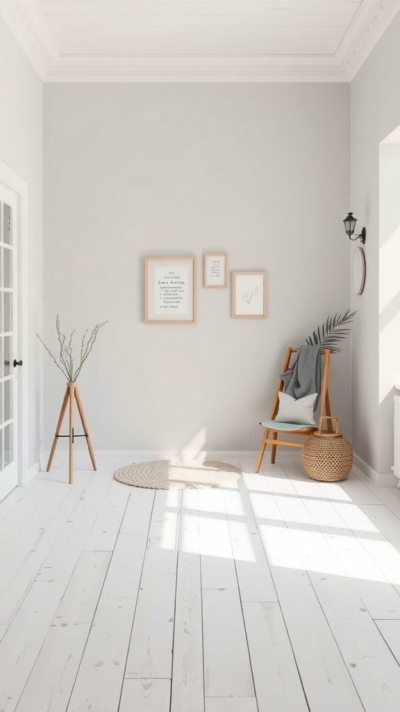 A minimalist Scandinavian-style room with light gray walls, white wooden floors, and a wooden chair with a blanket.