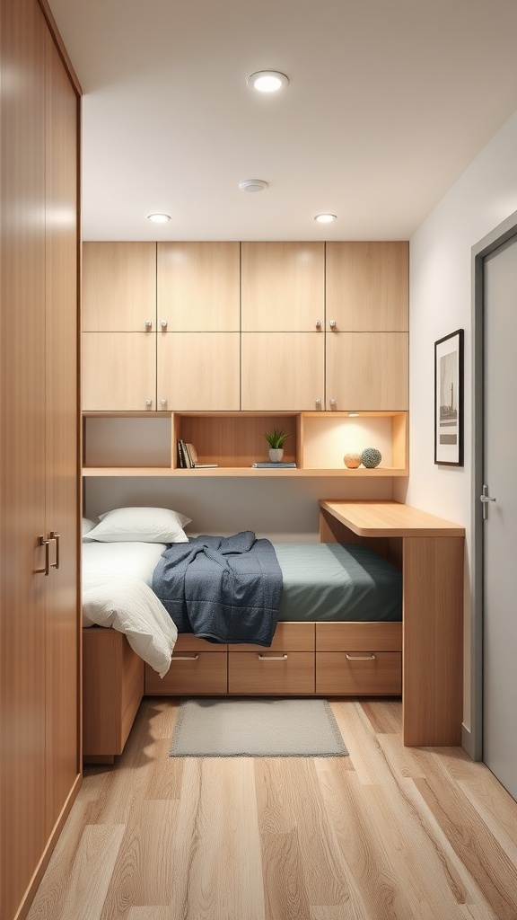 A small bedroom featuring multi-functional furniture, including a bed with storage drawers and an attached desk.