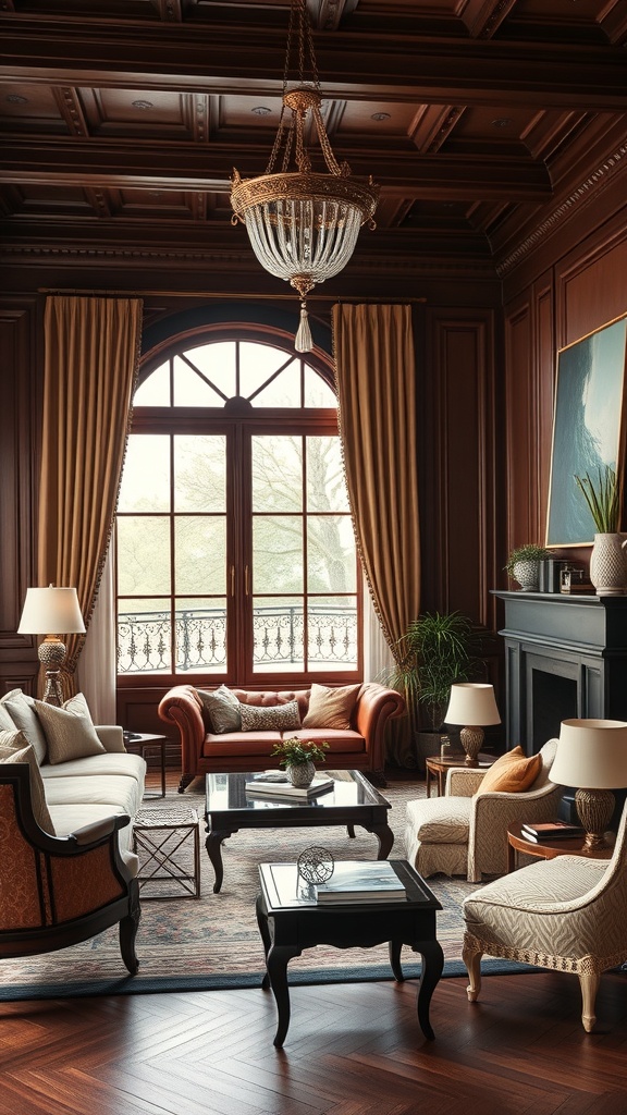 A luxurious living room featuring rich wood textures, elegant furniture, and a stunning chandelier.