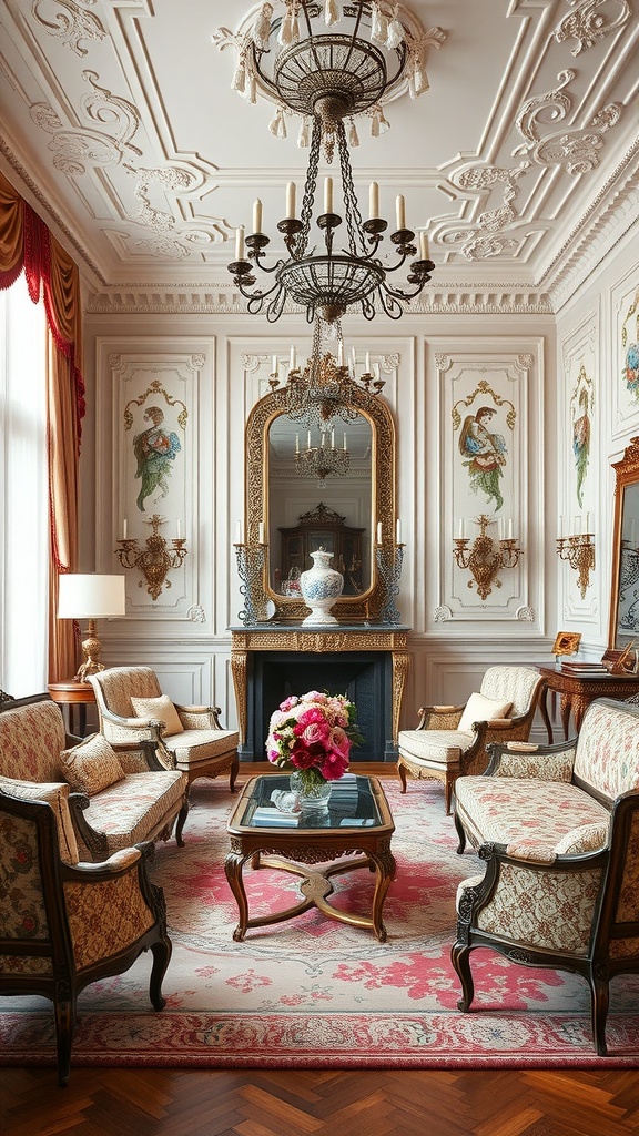 A luxurious living room featuring classic French design with ornate furniture, intricate ceiling details, and an elegant chandelier.