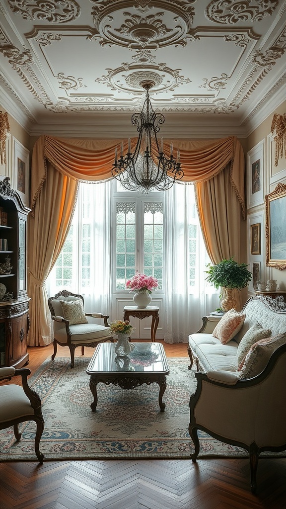 A luxurious living room featuring classic French decor with ornate ceiling, elegant drapes, and stylish furniture.