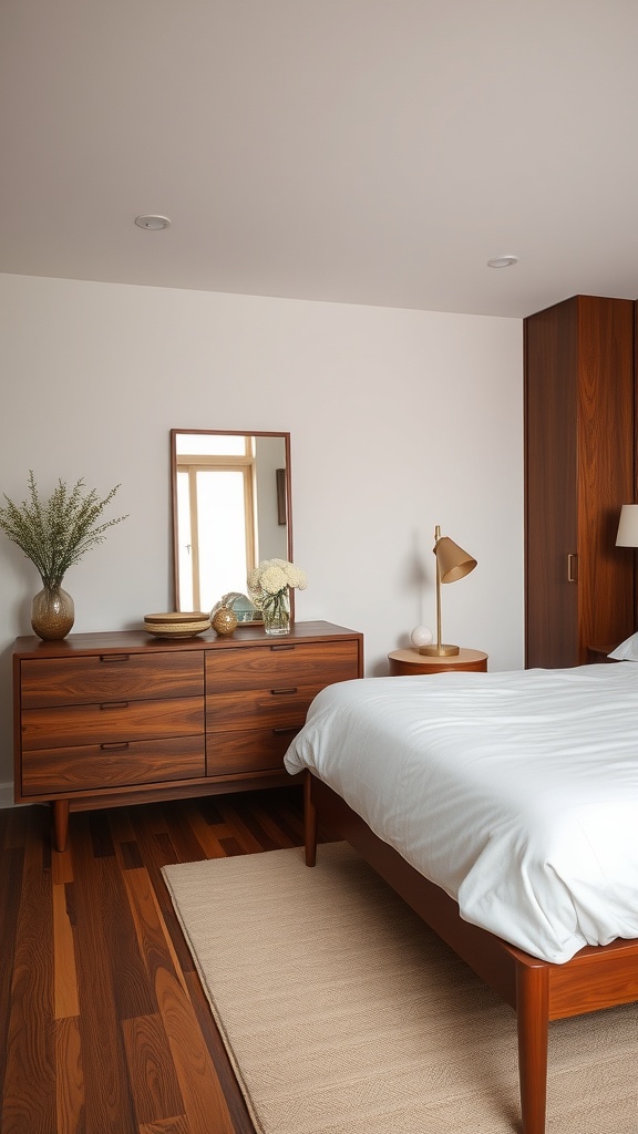 A mid-century modern bedroom featuring classic walnut furniture accents.