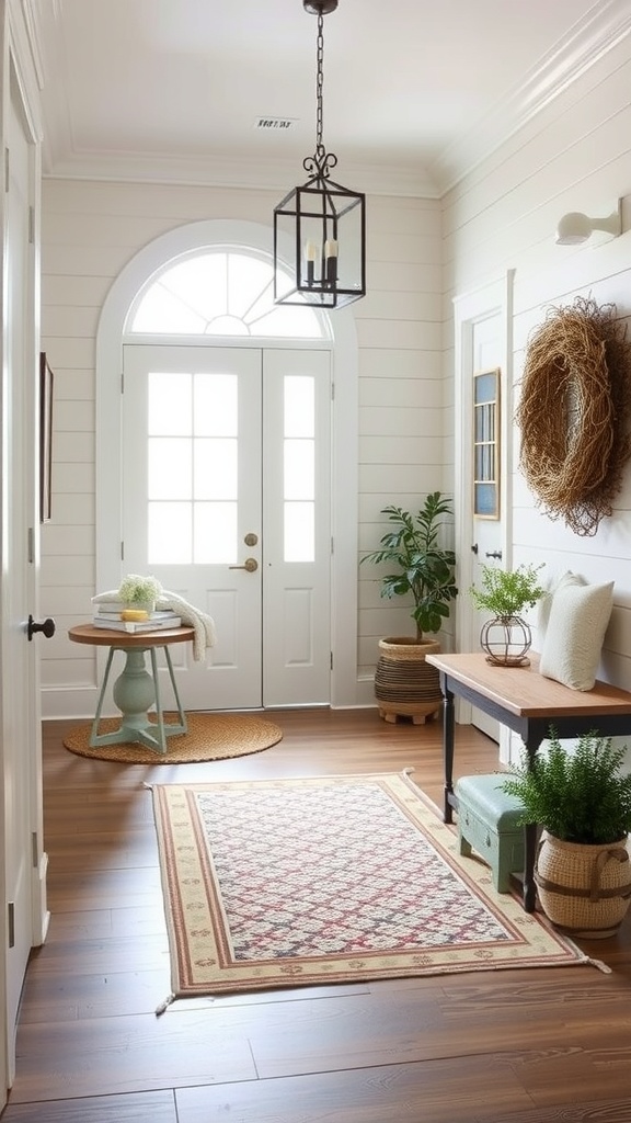 Coastal-inspired entryway with white shiplap walls, a stylish light fixture, and natural decor elements.
