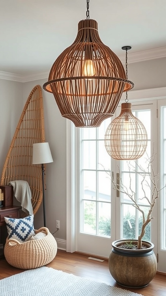 Three coastal-inspired pendant lights hanging in a room with wooden accents.