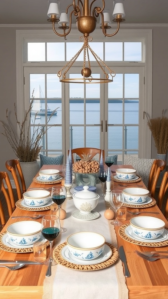 Coastal-themed table setting with blue and white dishware, natural centerpiece, and ocean view
