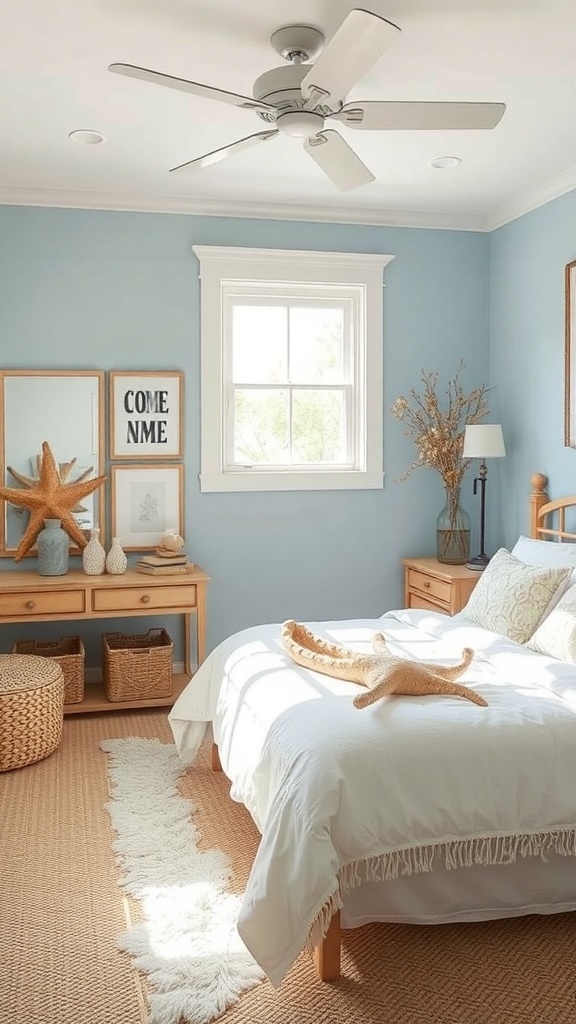 A serene coastal bedroom featuring soft blue walls, a white bedspread, and natural decor elements.
