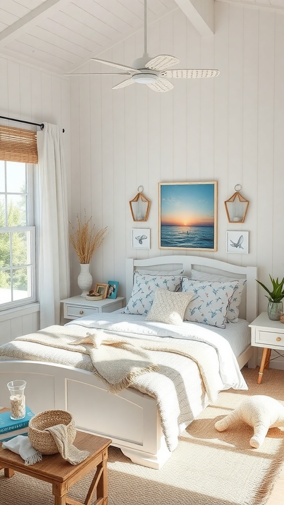 A bright and airy coastal-themed bedroom with white walls, a cozy bed, and beach-inspired decor.