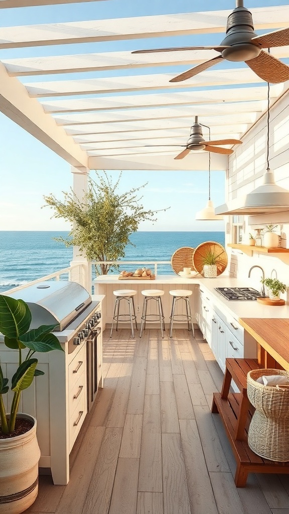 A coastal outdoor kitchen with ocean views, featuring a grill, seating, and a bright, airy design.