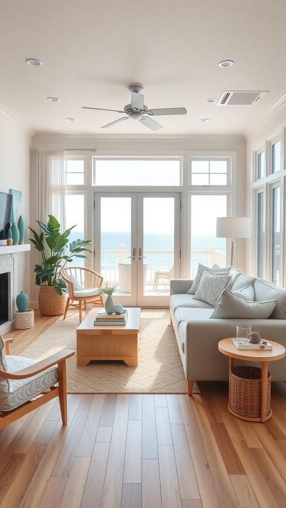 A bright living room with ocean view, featuring a cozy sofa, wooden furniture, and plants.