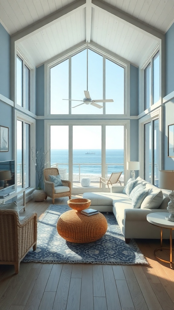 A bright coastal living room with large windows, light blue walls, and a woven coffee table.