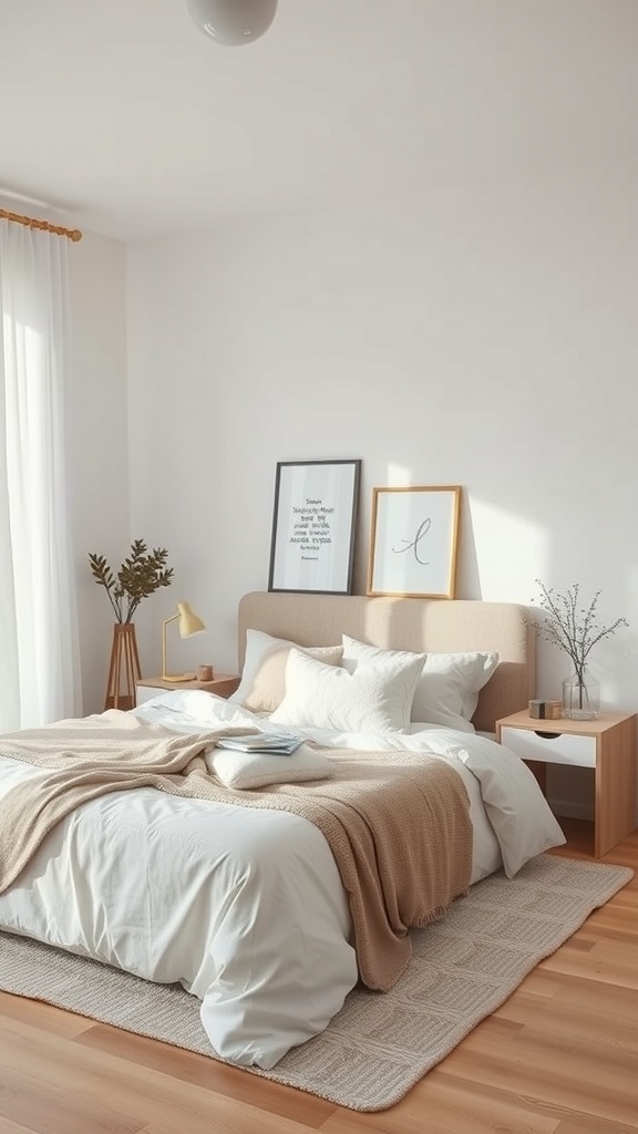 A minimalist bedroom featuring a cozy bed with white linens and a beige throw, framed artwork on the wall, and a small plant on a bedside table.