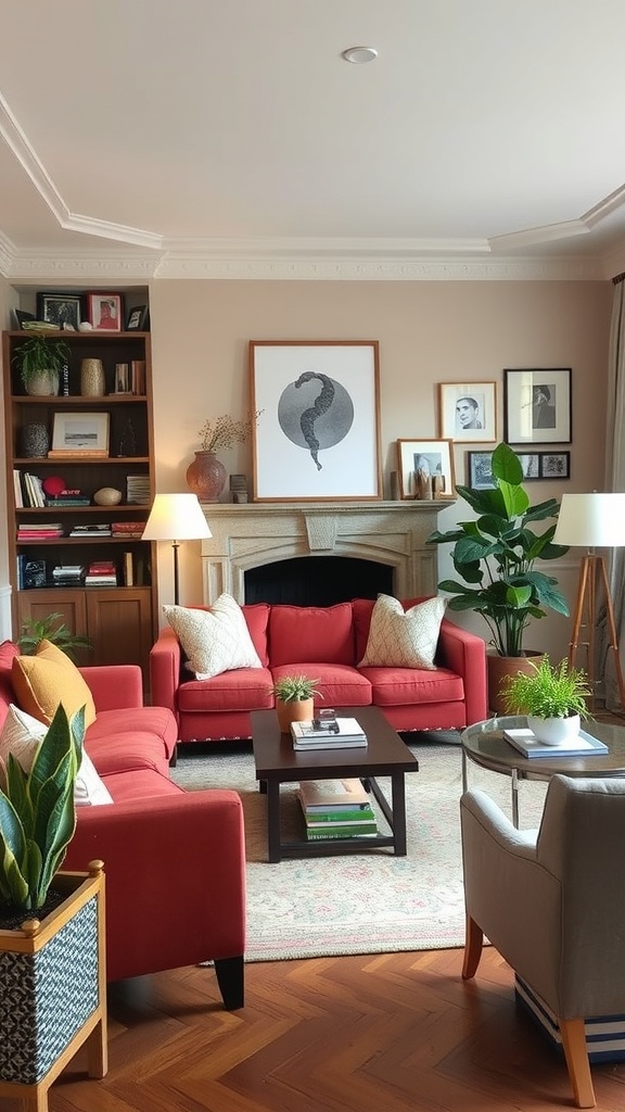 Cozy living room with red sofas, wooden coffee table, plants, and eclectic wall art