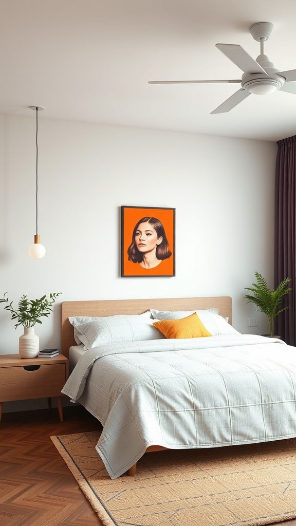 A modern bedroom featuring a colorful accent wall, simple decor, and a cozy atmosphere.