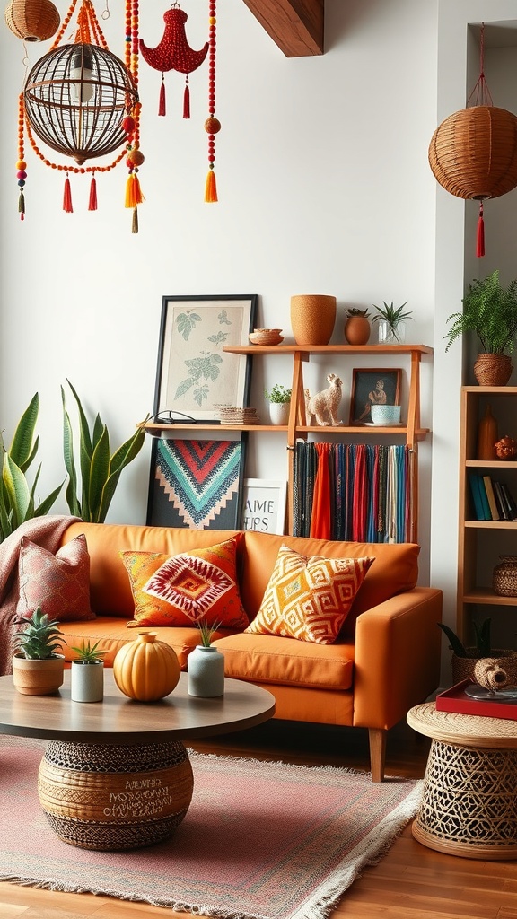 A cozy living room featuring colorful beaded decor, an orange couch, patterned pillows, and plants.