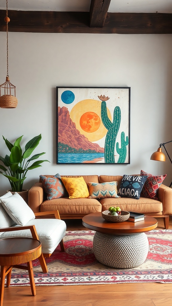 A cozy living room with a colorful wall art featuring a cactus and sun, complemented by a brown sofa and decorative pillows.