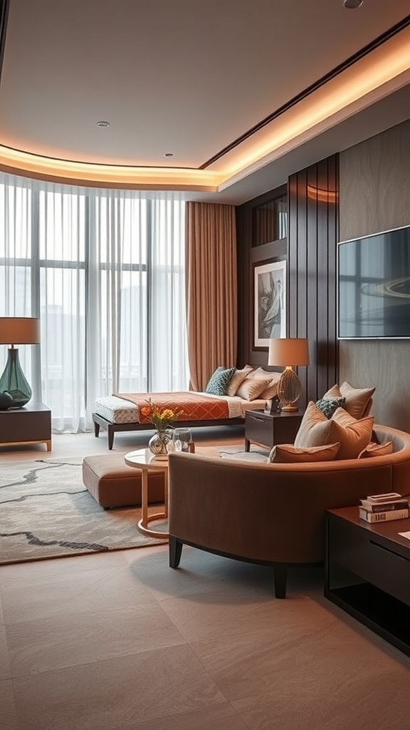 A modern luxury bedroom featuring a comfortable lounge area with a stylish sofa and soft pillows.