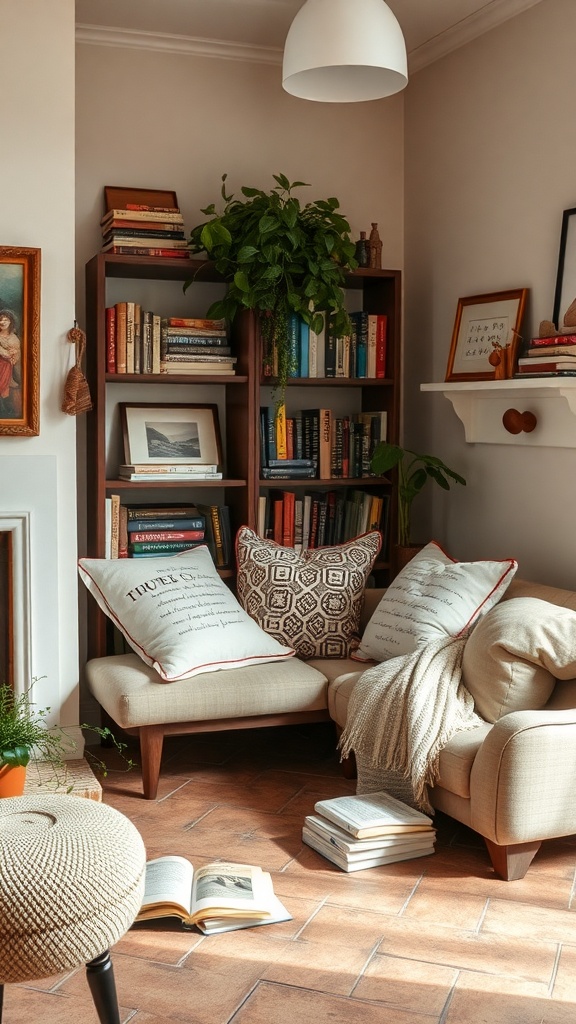 A cozy living room nook with soft chairs, decorative pillows, a plant, and books.