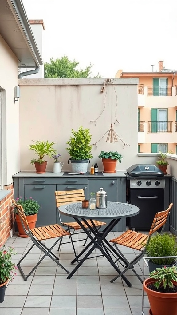 A compact balcony cooking station featuring a grill, potted plants, and a small dining table.